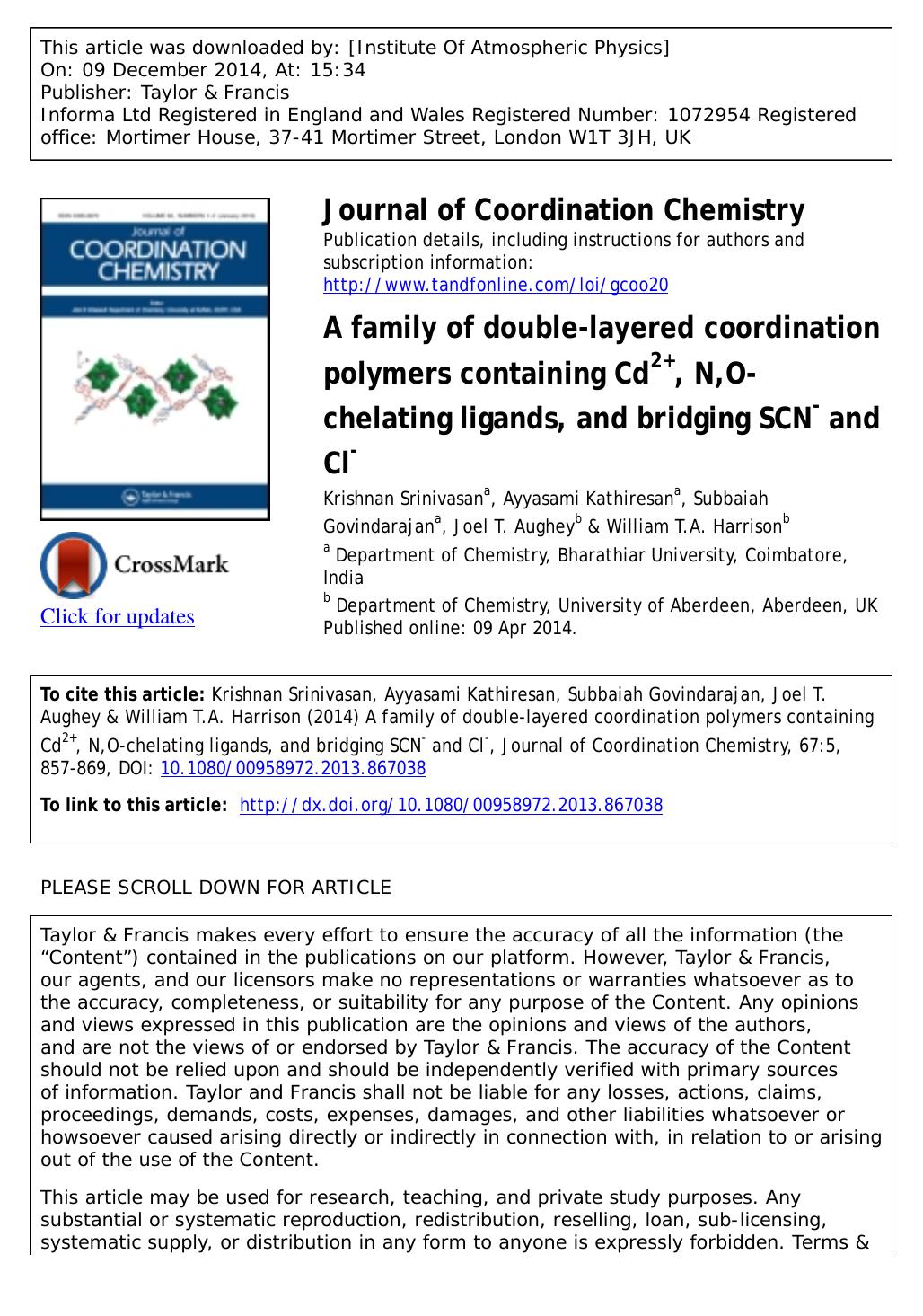 A family of double-layered coordination polymers containing Cd2+, N,O-chelating ligands, and bridging SCNâ and Clâ by Krishnan Srinivasan