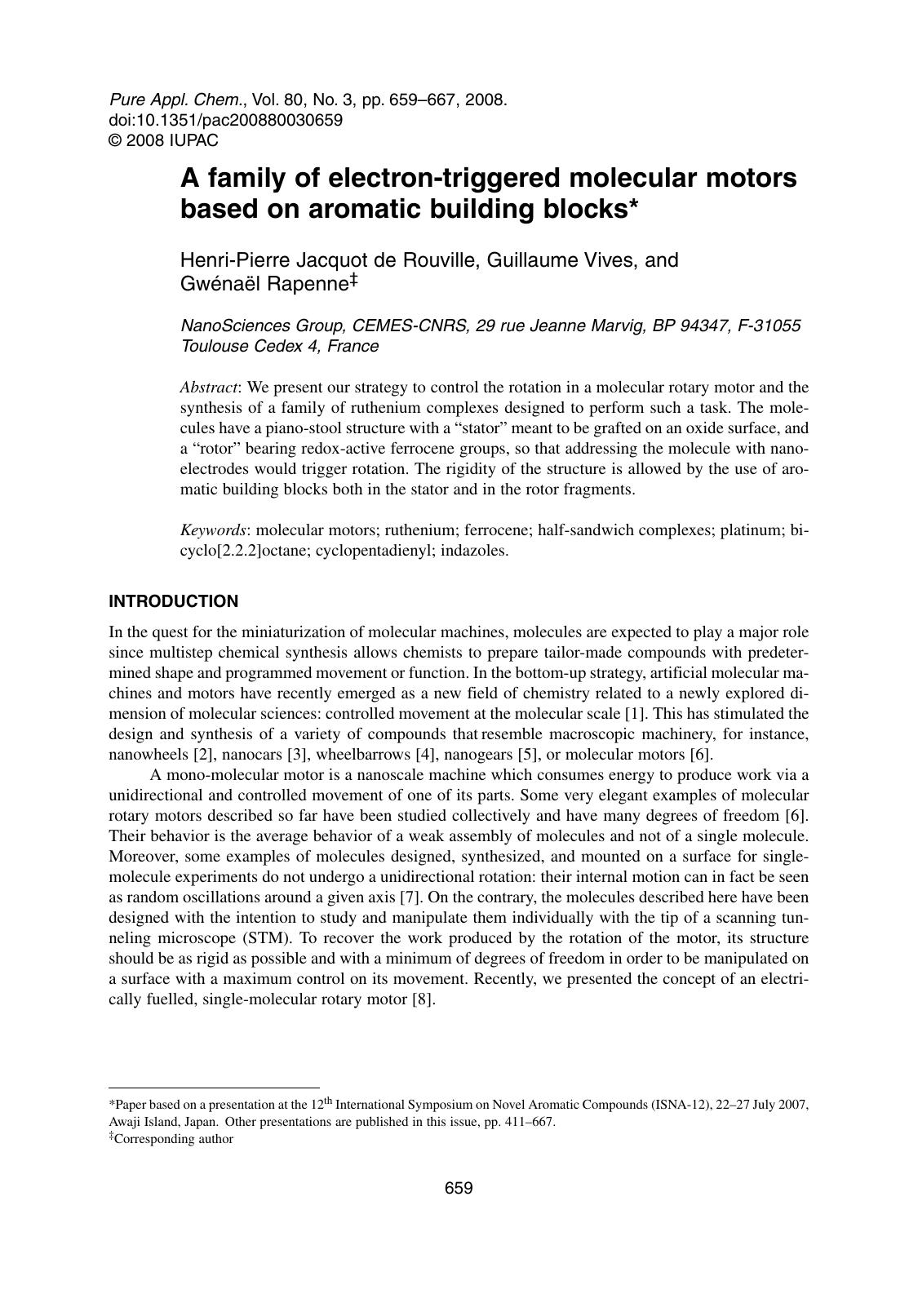 A family of electron-triggered molecular motors based on aromatic building blocks by Henri-Pierre Jacquot de Rouville Guillaume Vives & GwÃ©naÃ«l Rapenne