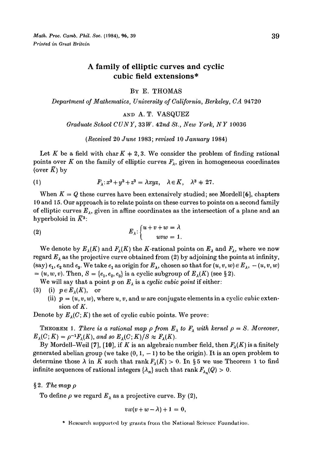 A family of elliptic curves and cyclic cubic field extensions by E. Thomas & A.T. Vasquez