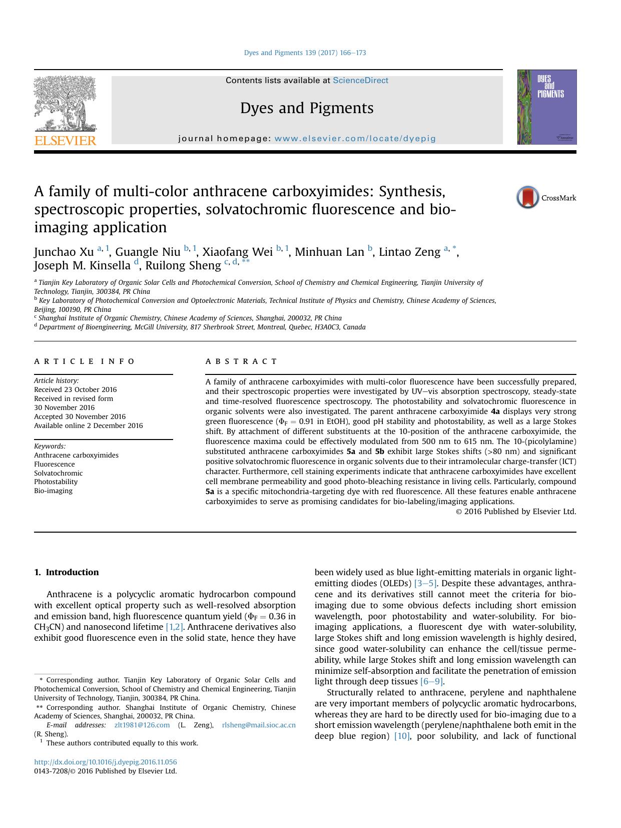 A family of multi-color anthracene carboxyimides: Synthesis, spectroscopic properties, solvatochromic fluorescence and bio-imaging application by unknow