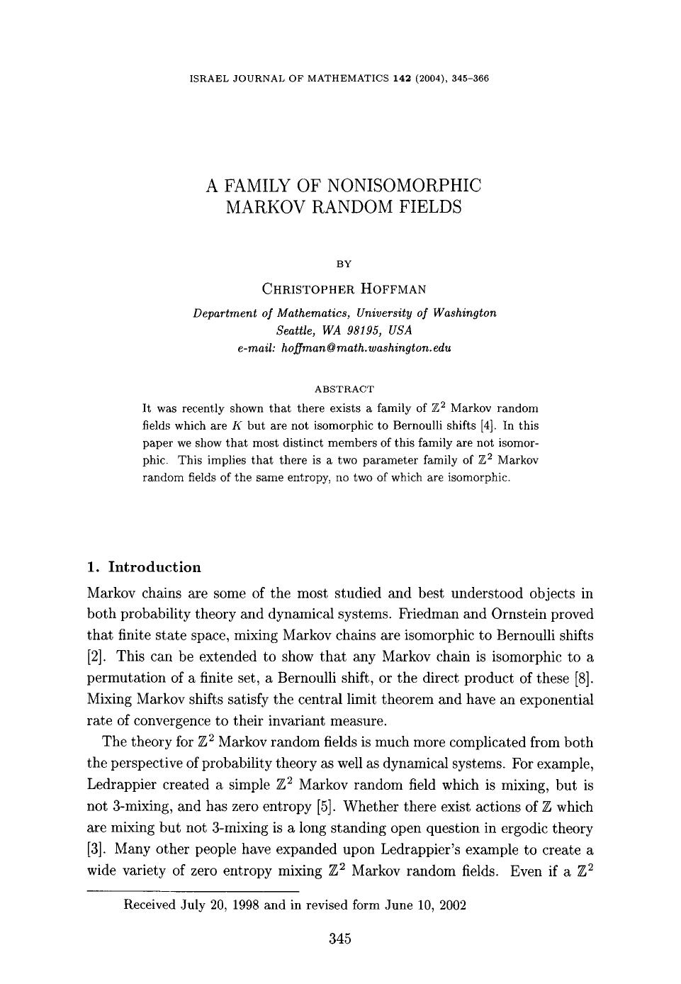 A family of nonisomorphic Markov random fields by Unknown