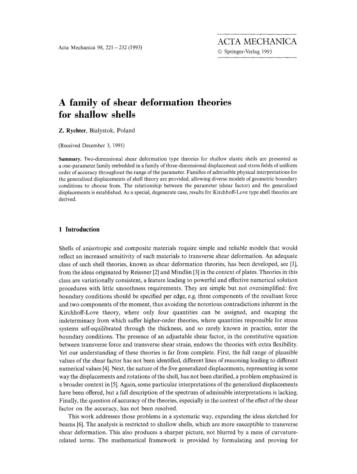 A family of shear deformation theories for shallow shells by Unknown