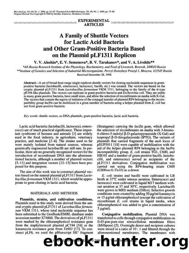 A family of shuttle vectors for lactic acid bacteria and other gram-positive bacteria based on the plasmid pLF1311 replicon by Unknown