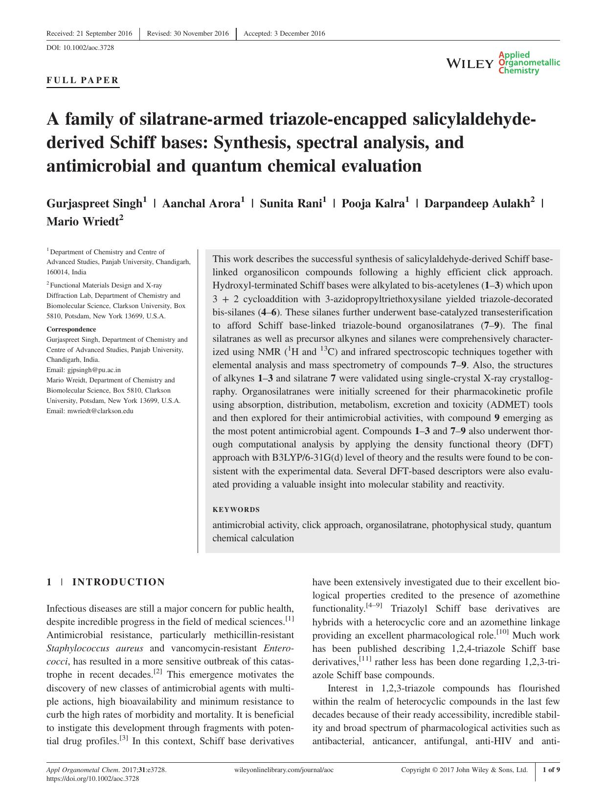A family of silatrane-armed triazole-encapped salicylaldehyde-derived Schiff bases: Synthesis, spectral analysis, and antimicrobial and quantum chemical evaluation by Gurjaspreet Singh Aanchal Arora Sunita Rani Pooja Kalra Darpandeep Aulakh Mario Wriedt