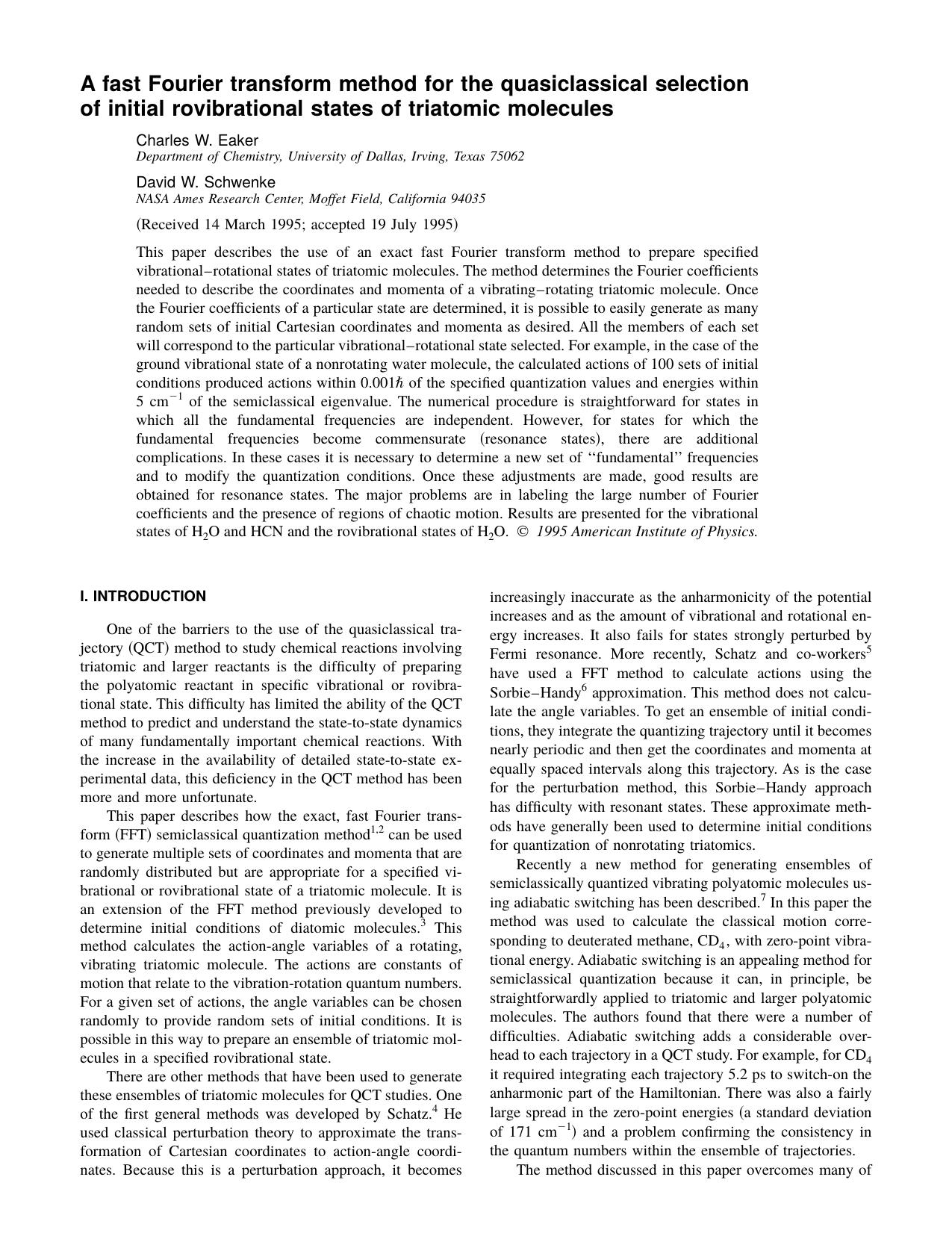 A fast Fourier transform method for the quasiclassical selection of initial rovibrational states of triatomic molecules by Charles W. Eaker & David W. Schwenke