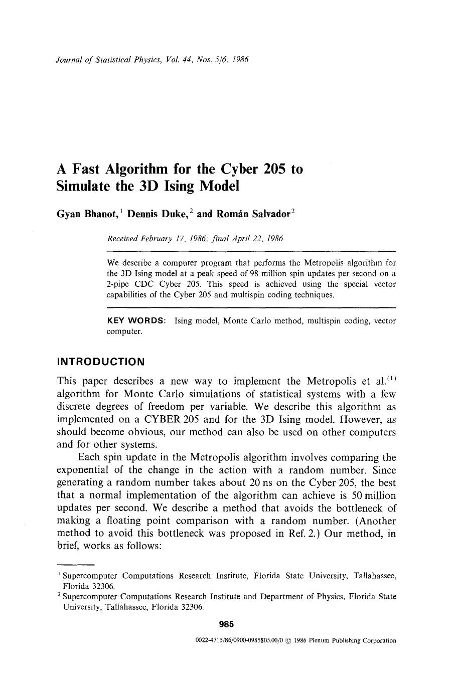 A fast algorithm for the Cyber 205 to simulate the 3D Ising model by Unknown