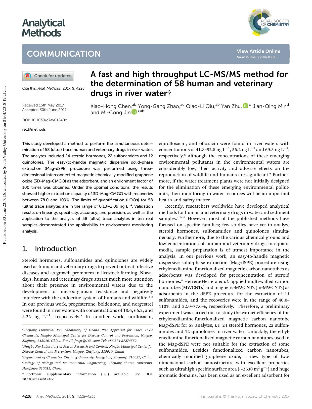 A fast and high throughput LC-MSMS method for the determination of 58 human and veterinary drugs in river water by Xiao-Hong Chen & Yong-Gang Zhao & Qiao-Li Qiu & Yan Zhu & Jian-Qing Min & Mi-Cong Jin