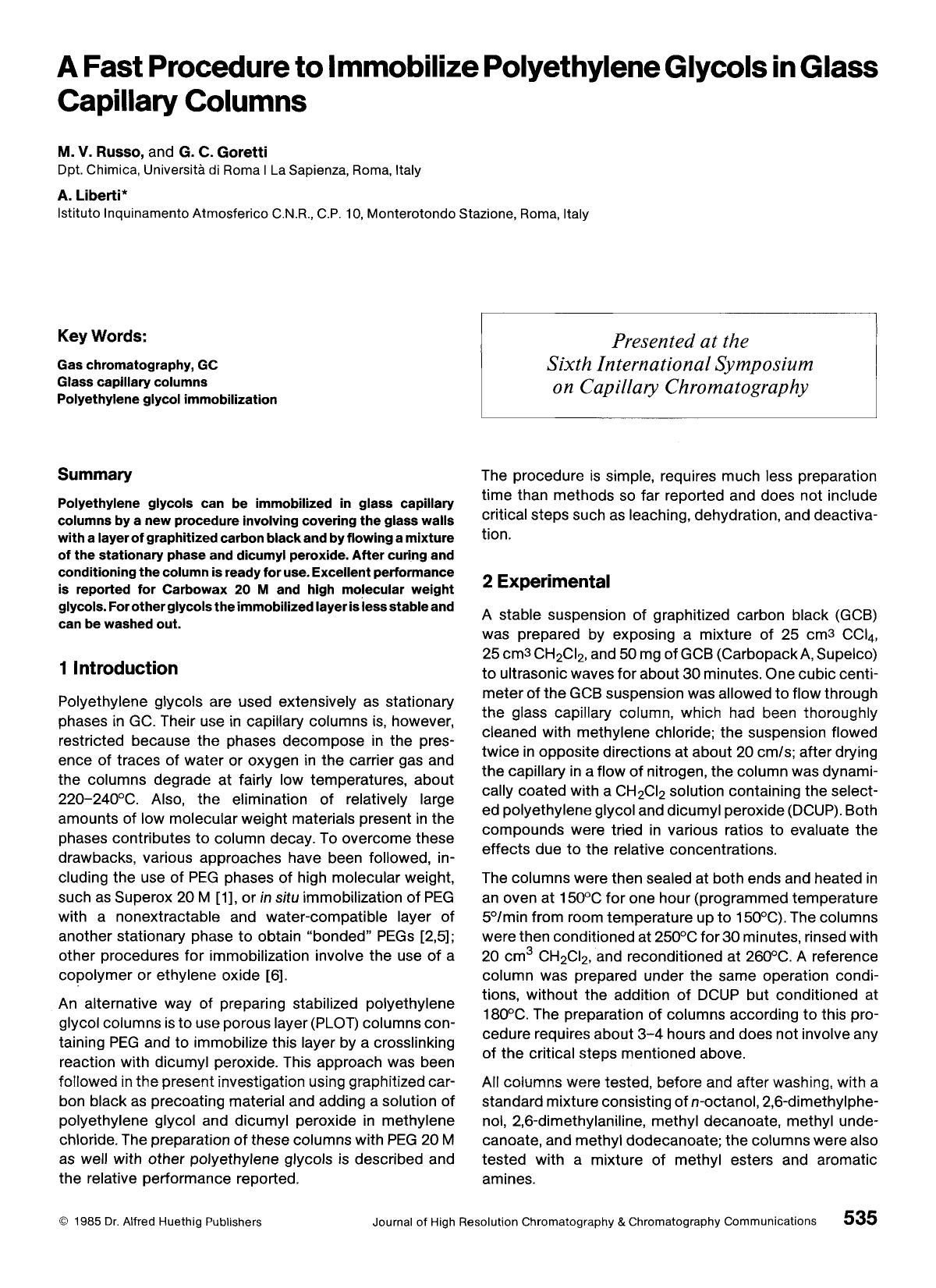 A fast procedure to immobilize polyethylene glycols in glass capillary columns by Unknown