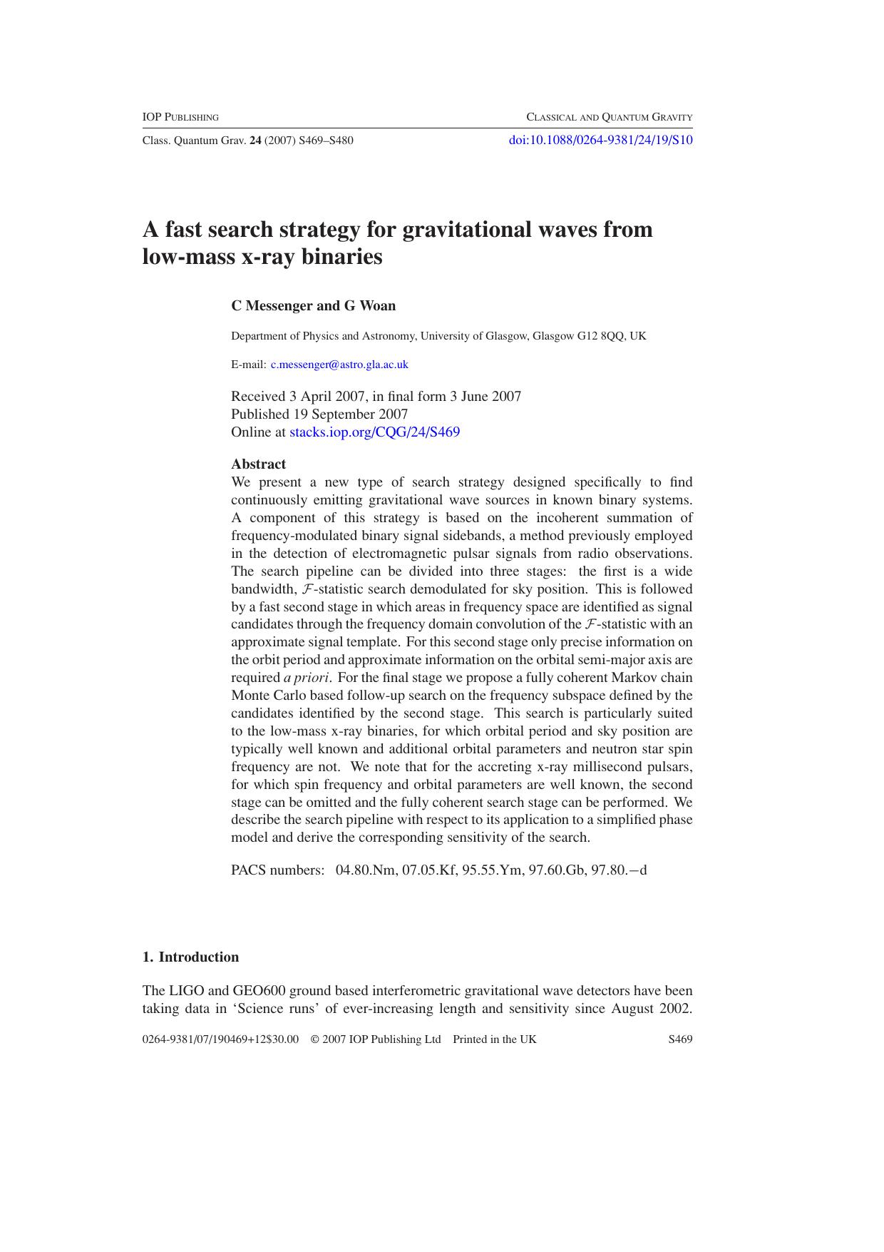 A fast search strategy for gravitational waves from LMXBs by C Messenger & G Woan