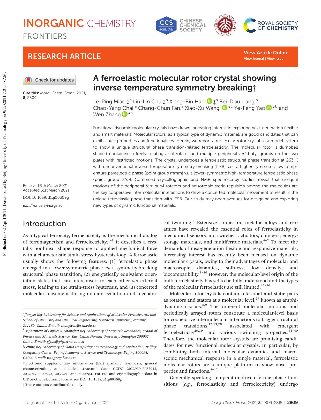A ferroelastic molecular rotor crystal showing inverse temperature symmetry breaking by unknow