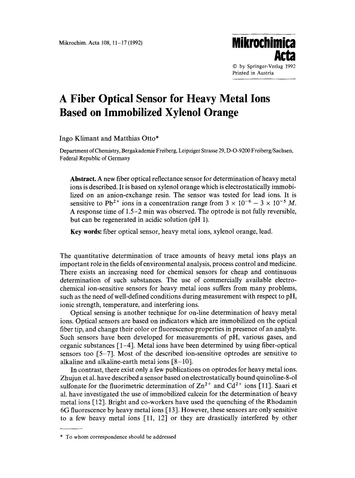A fiber optical sensor for heavy metal ions based on immobilized xylenol orange by Unknown