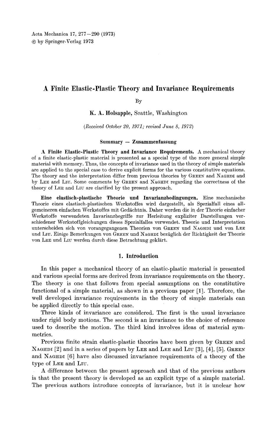 A finite elastic-plastic theory and invariance requirements by Unknown