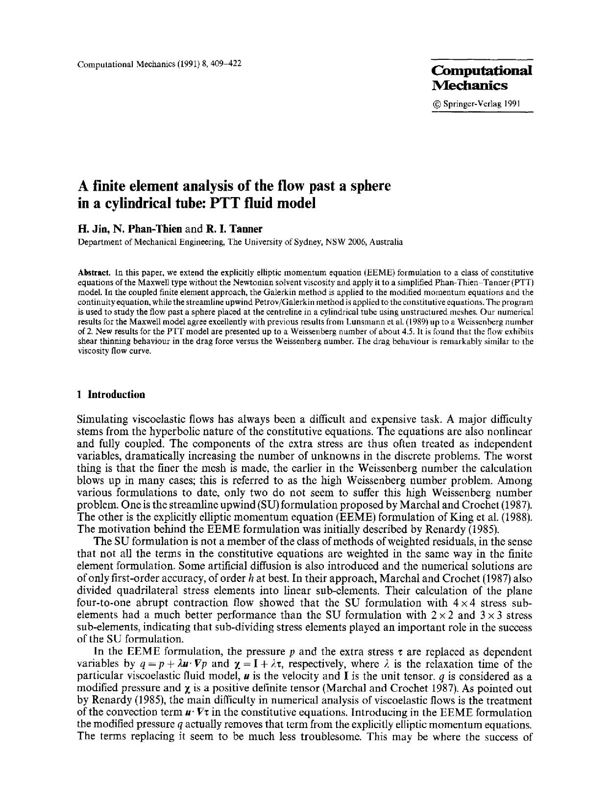A finite element analysis of the flow past a sphere in a cylindrical tube: PTT fluid model by Unknown