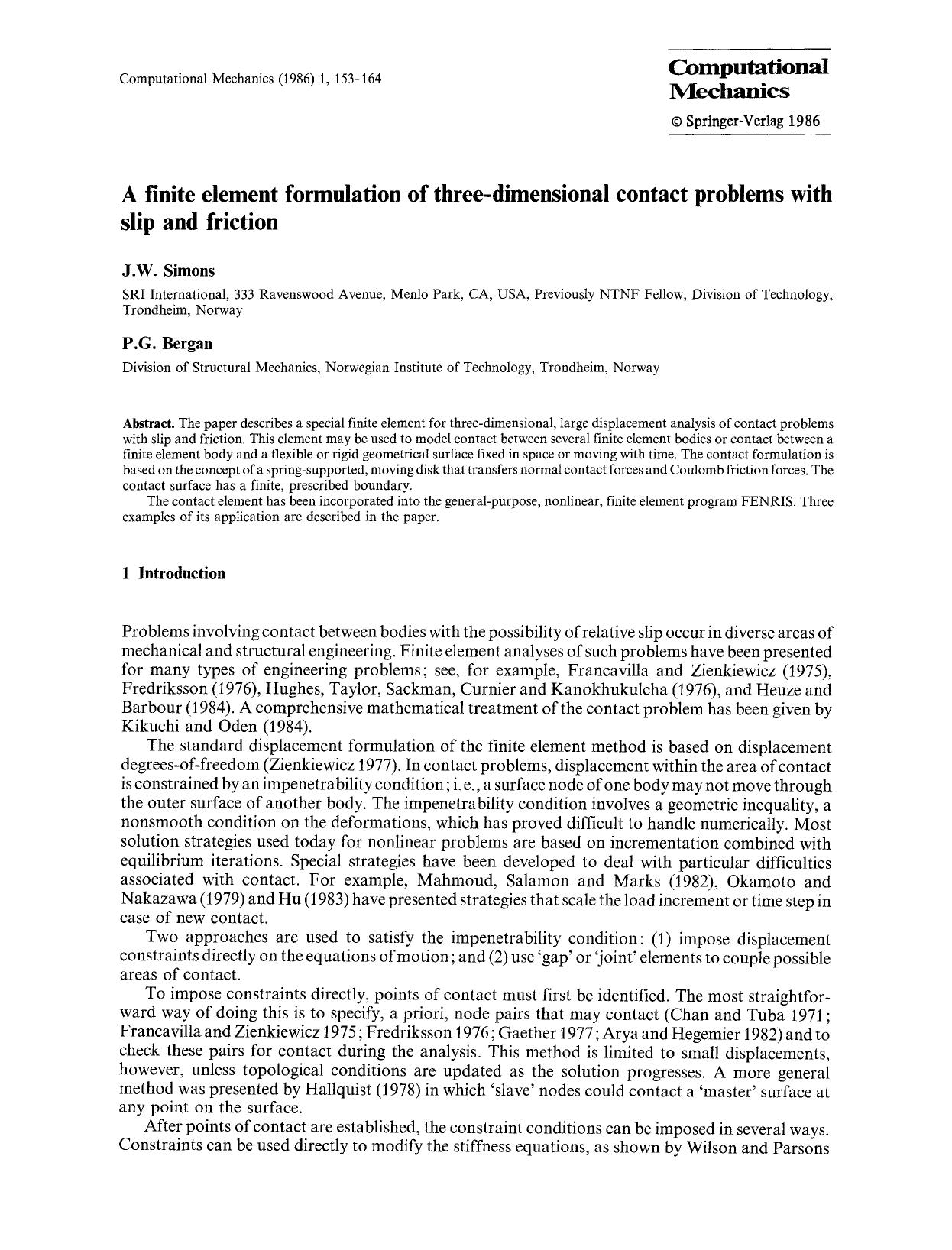 A finite element formulation of three-dimensional contact problems with slip and friction by Unknown