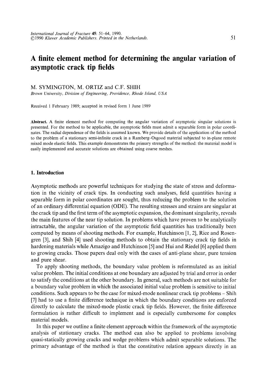 A finite element method for determining the angular variation of asymptotic crack tip fields by Unknown