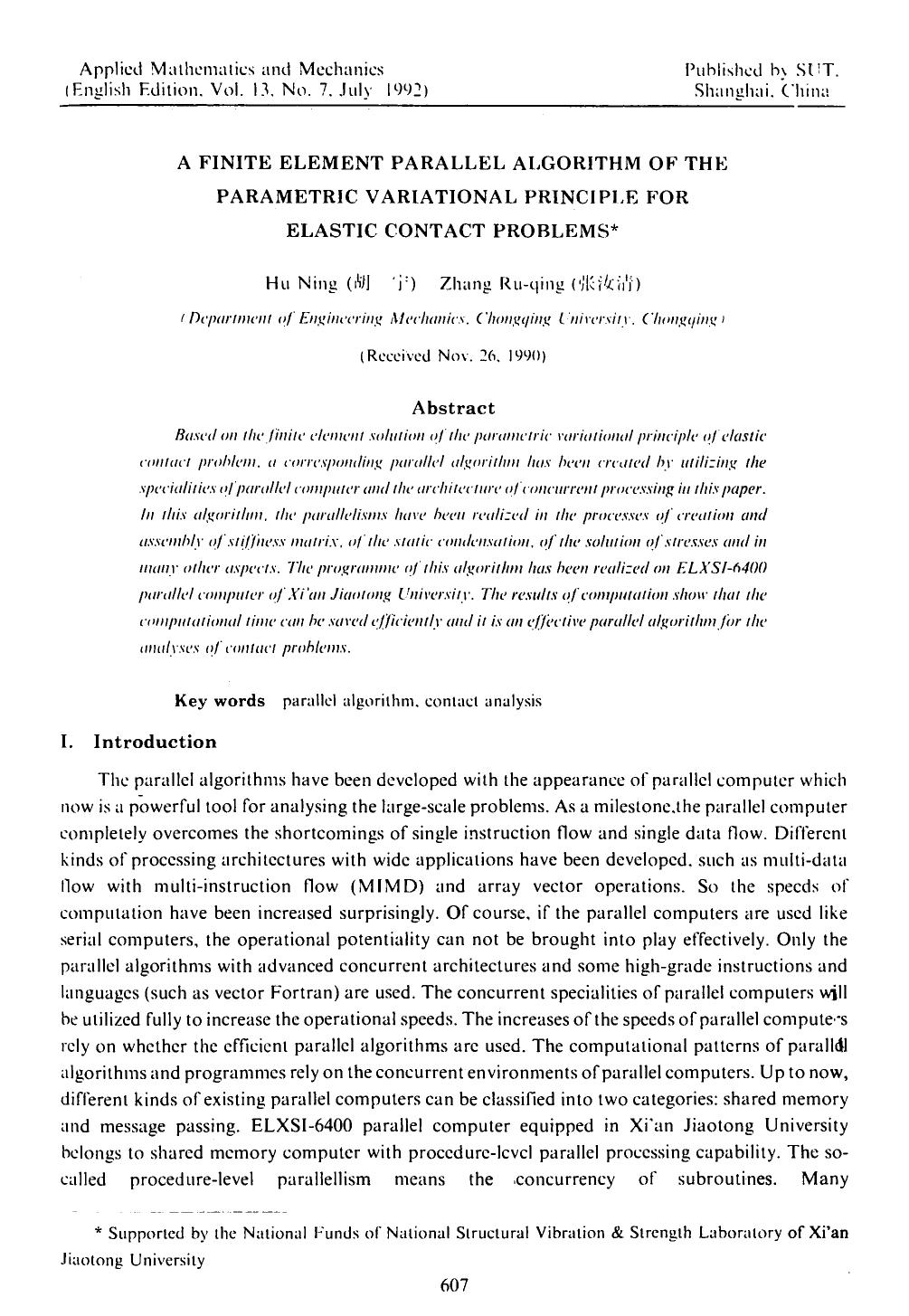 A finite element parallel algorithm of the parametric variational principle for elastic contact problems by Unknown