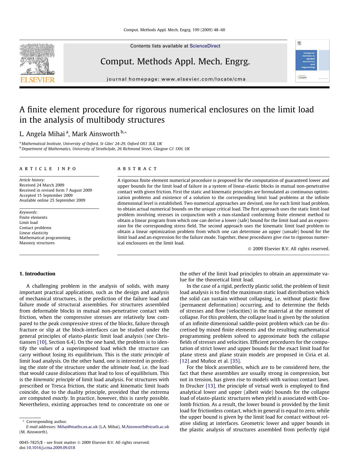A finite element procedure for rigorous numerical enclosures on the limit load in the analysis of multibody structures by L. Angela Mihai; Mark Ainsworth