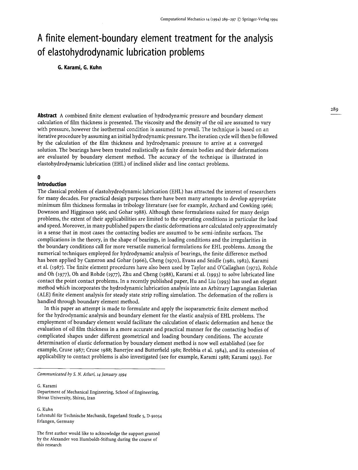 A finite element-boundary element treatment for the analysis of elastohydrodynamic lubrication problems by Unknown