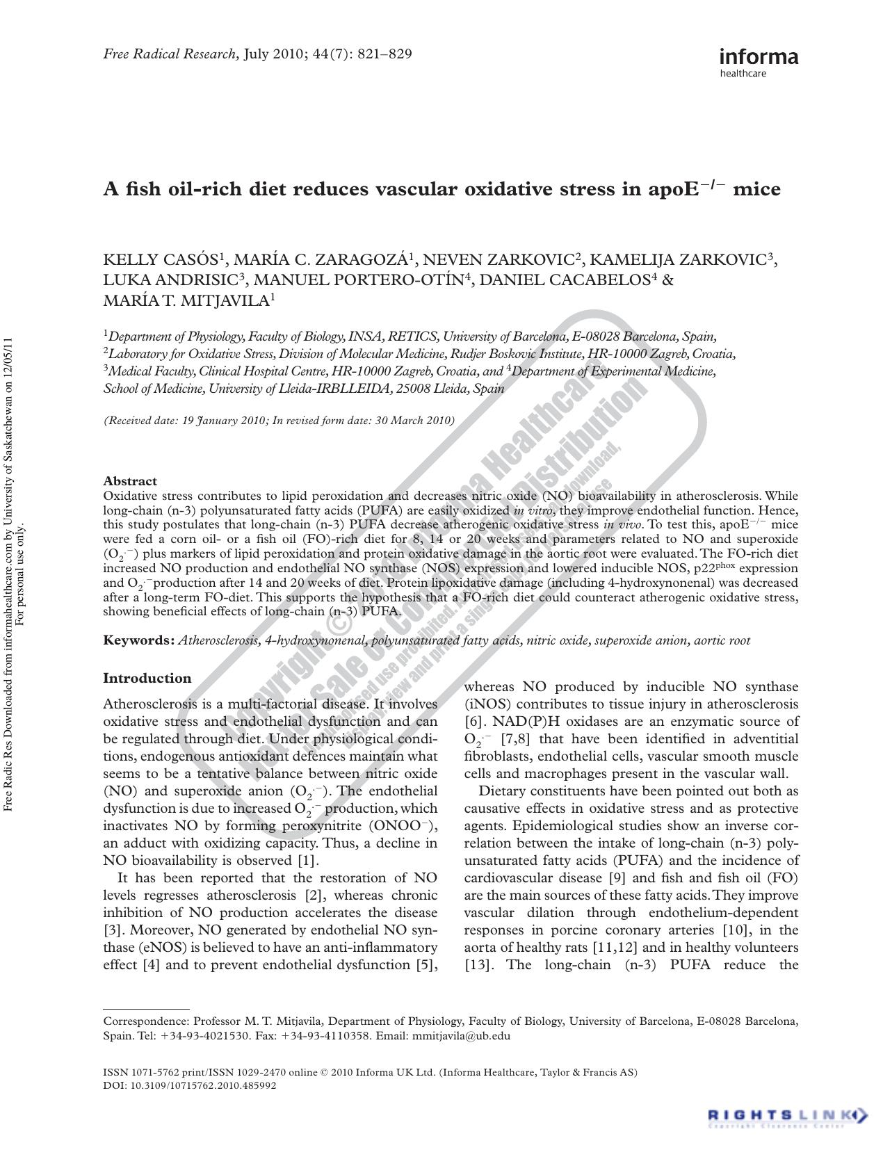 A fish oil-rich diet reduces vascular oxidative stress in apoEââ mice by unknow