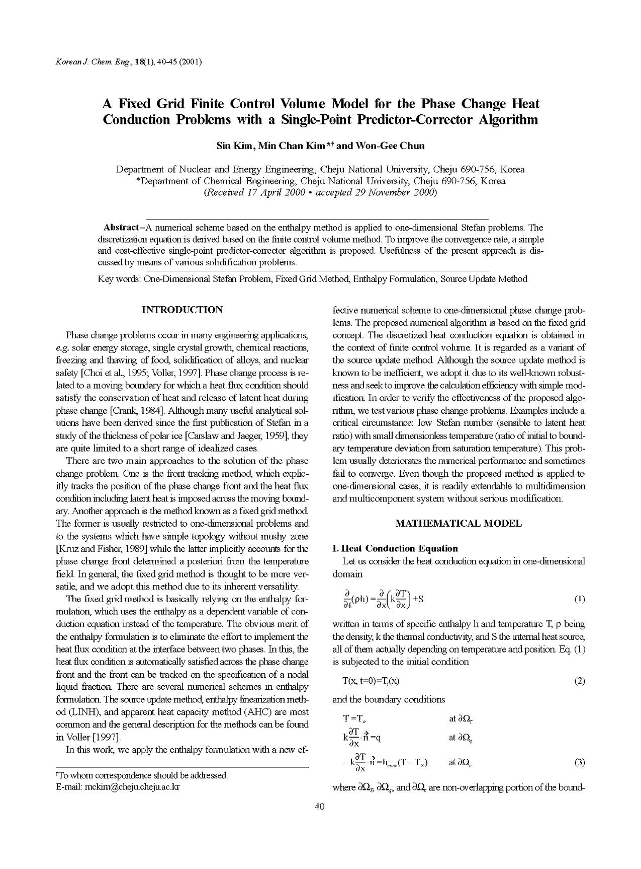 A fixed grid finite control volume model for the phase change heat conduction problems with a single-point predictor-corrector algorithm by Unknown