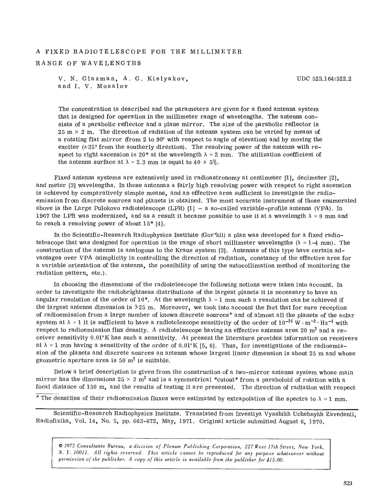 A fixed radiotelescope for the millimeter range of wavelengths by Unknown
