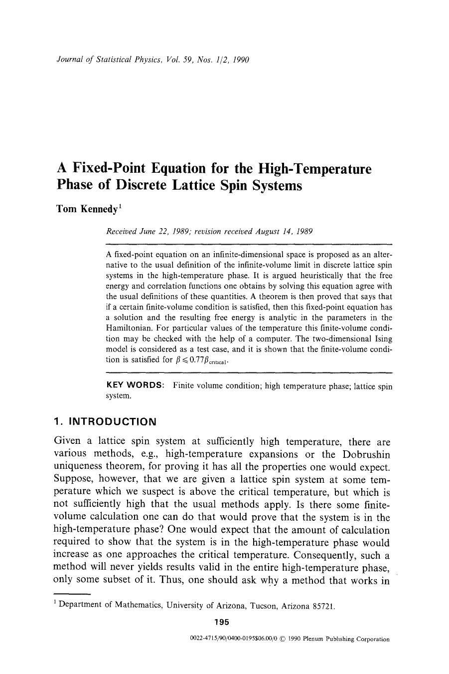 A fixed-point equation for the high-temperature phase of discrete lattice spin systems by Unknown