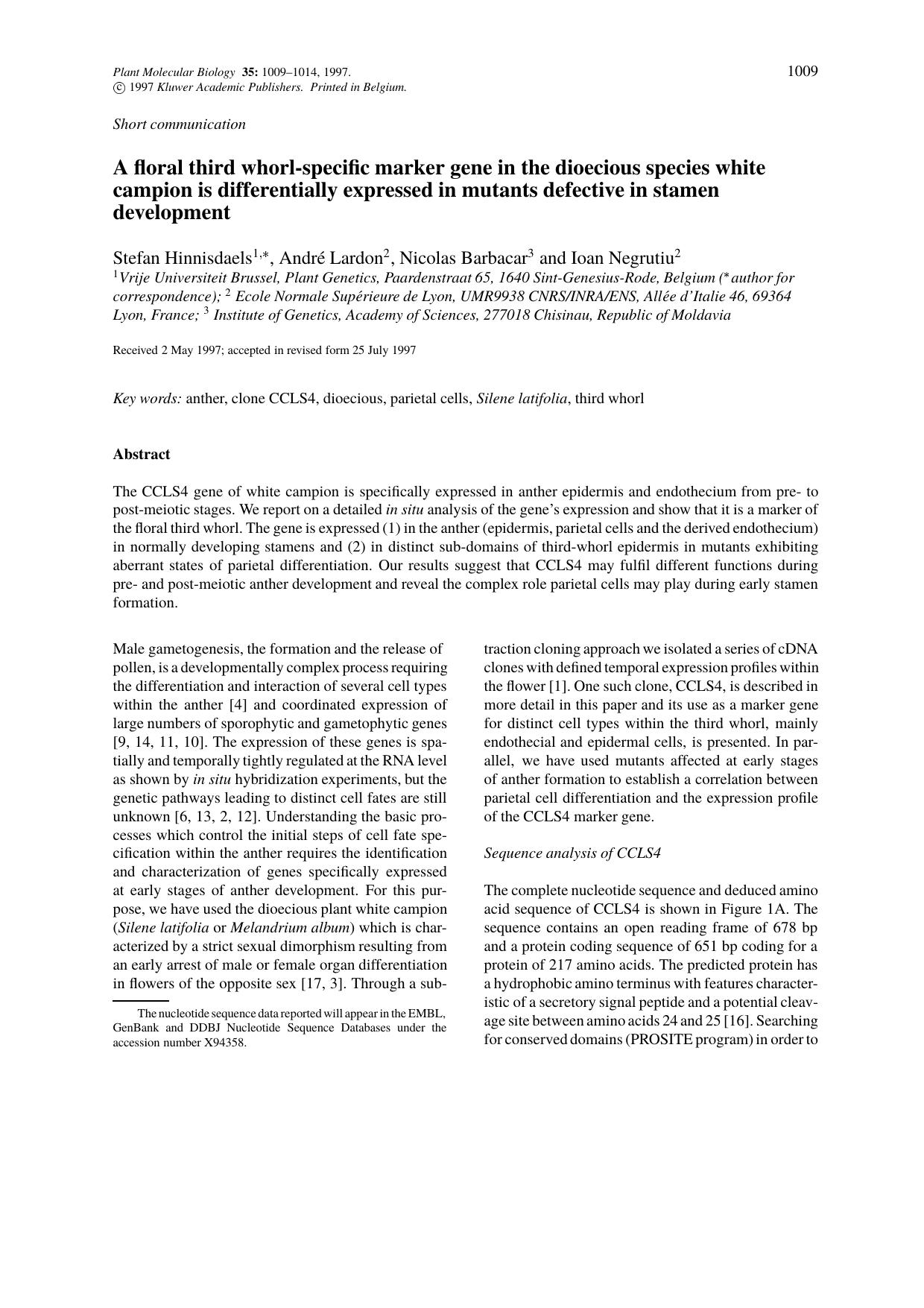 A floral third whorl-specific marker gene in the dioecious species white campion is differentially expressed in mutants defective in stamen development by Unknown