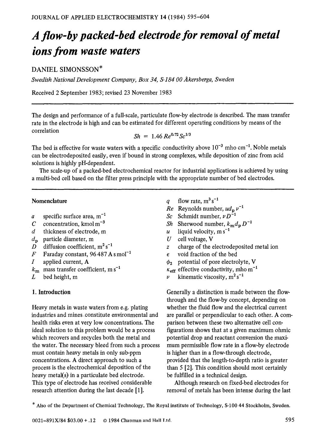 A flow-by packed-bed electrode for removal of metal ions from waste waters by Unknown