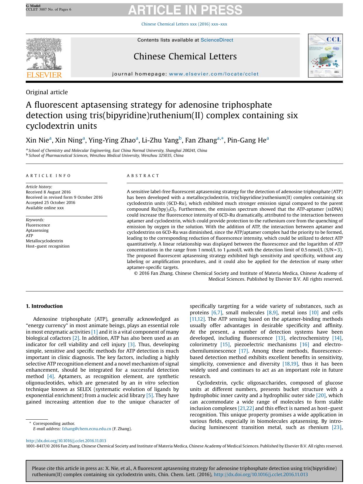 A fluorescent aptasensing strategy for adenosine triphosphate detection using tris(bipyridine)ruthenium(II) complex containing six cyclodextrin units by Xin Nie & Xin Ning & Ying-Ying Zhao & Li-Zhu Yang & Fan Zhang & Pin-Gang He