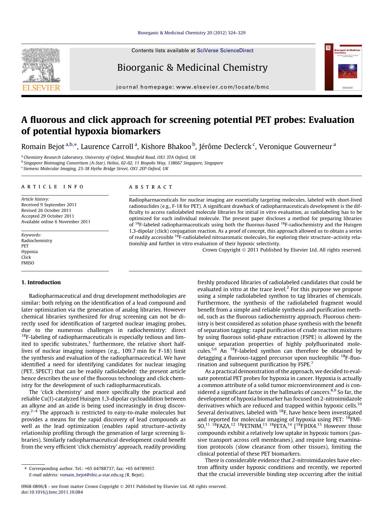 A fluorous and click approach for screening potential PET probes: Evaluation of potential hypoxia biomarkers by Romain Bejot & Laurence Carroll & Kishore Bhakoo & Jérôme Declerck & Veronique Gouverneur