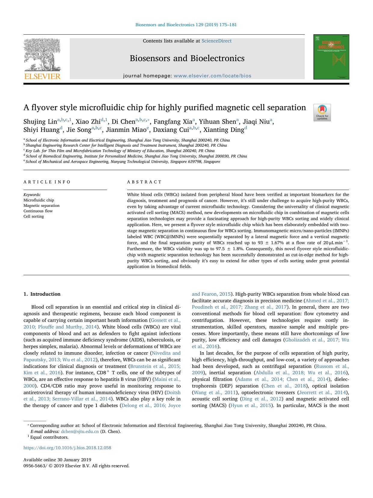 A flyover style microfluidic chip for highly purified magnetic cell separation by unknow