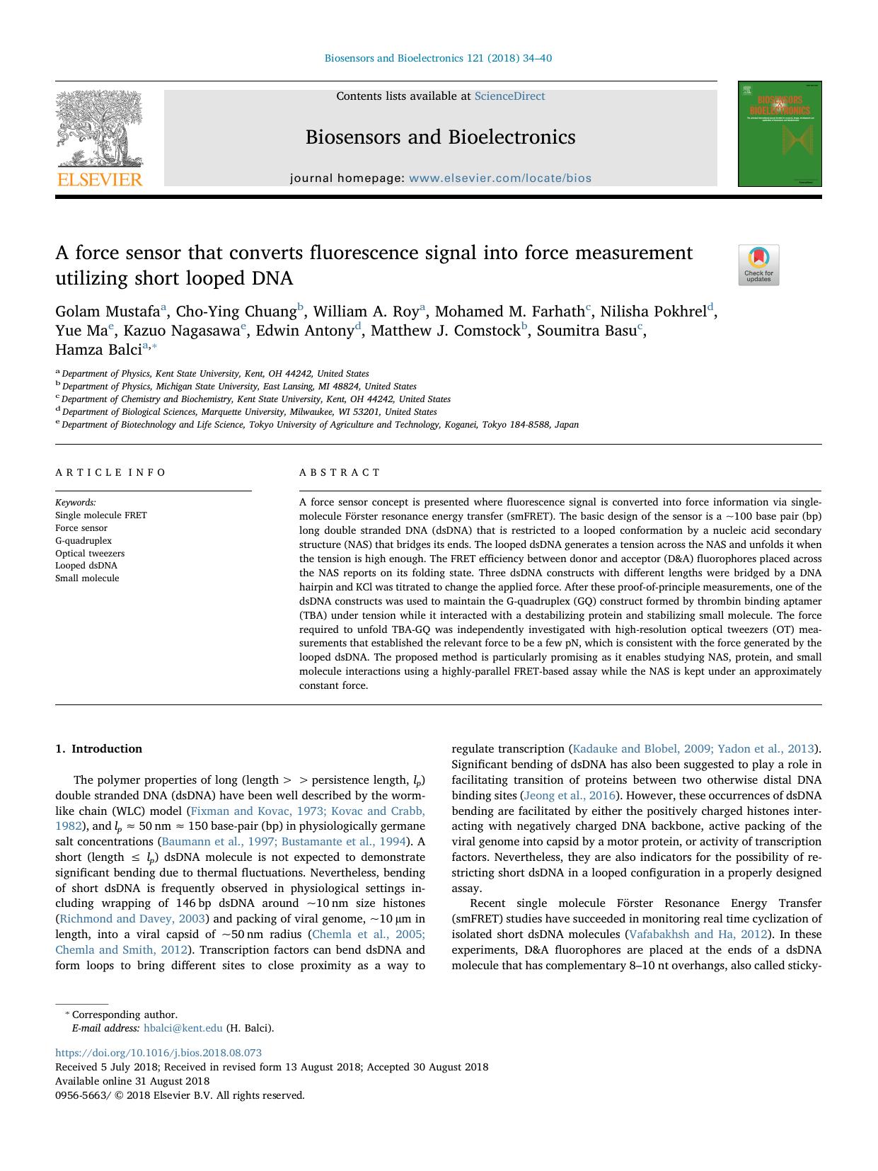 A force sensor that converts fluorescence signal into force measurement utilizing short looped DNA by unknow