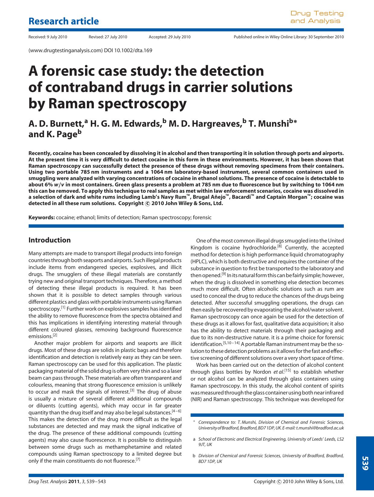 A forensic case study: the detection of contraband drugs in carrier solutions by Raman spectroscopy by Unknown