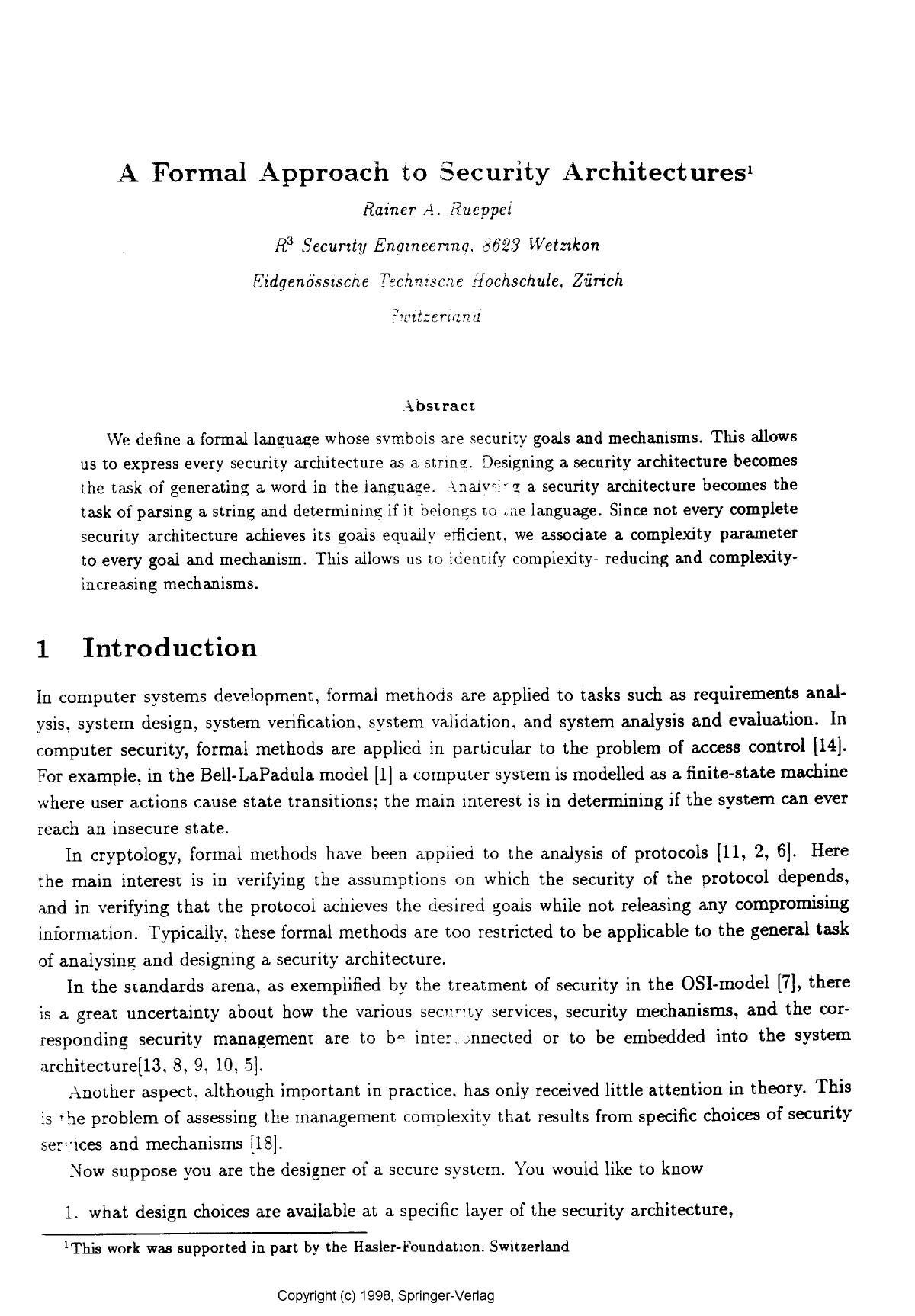 A formal approach to security architectures by Rueppel R. A