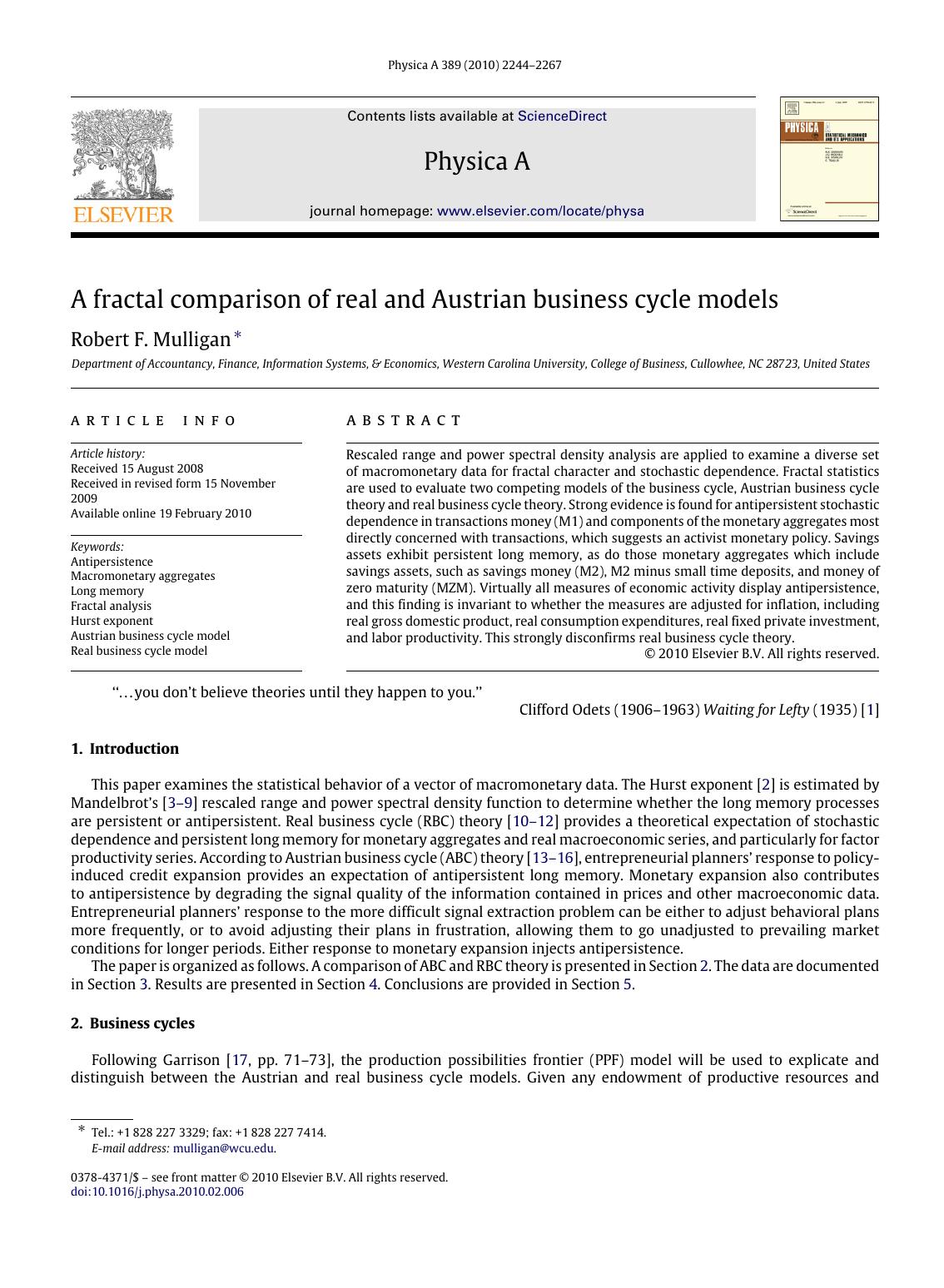 A fractal comparison of real and Austrian business cycle models by Robert F. Mulligan