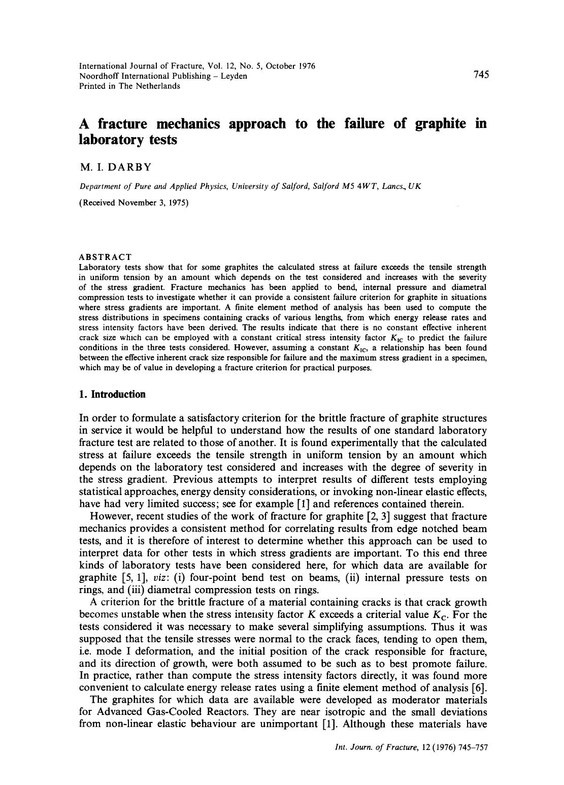A fracture mechanics approach to the failure of graphite in laboratory tests by Unknown