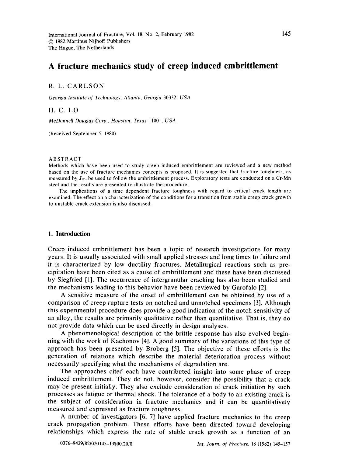 A fracture mechanics study of creep induced embrittlement by Unknown