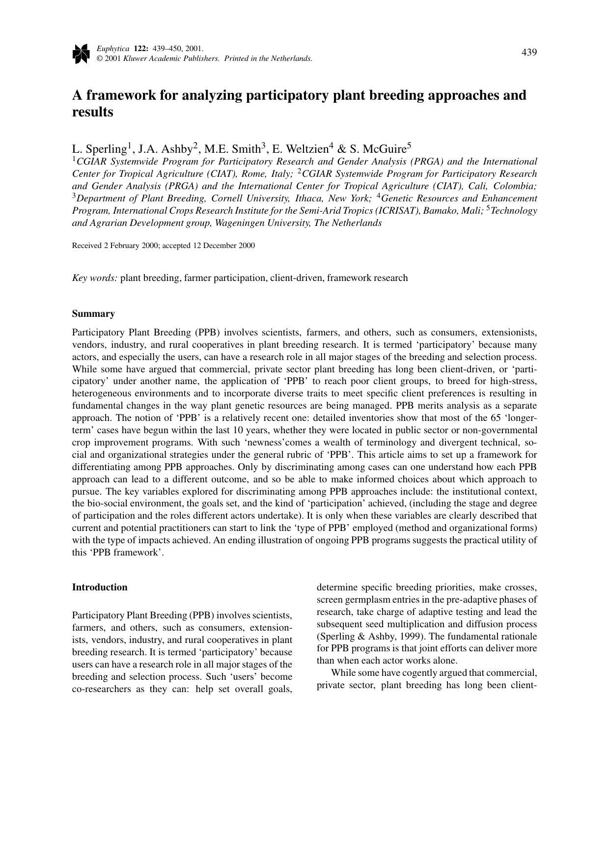 A framework for analyzing participatory plant breeding approaches and results by Unknown