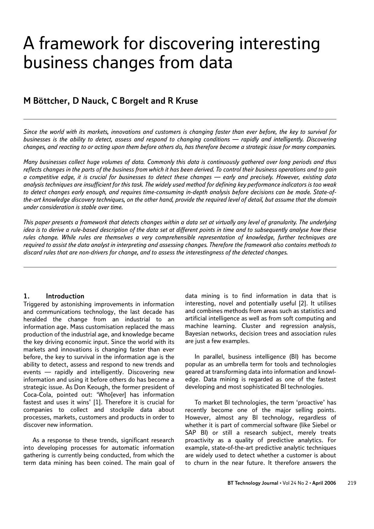 A framework for discovering interesting business changes from data by Unknown