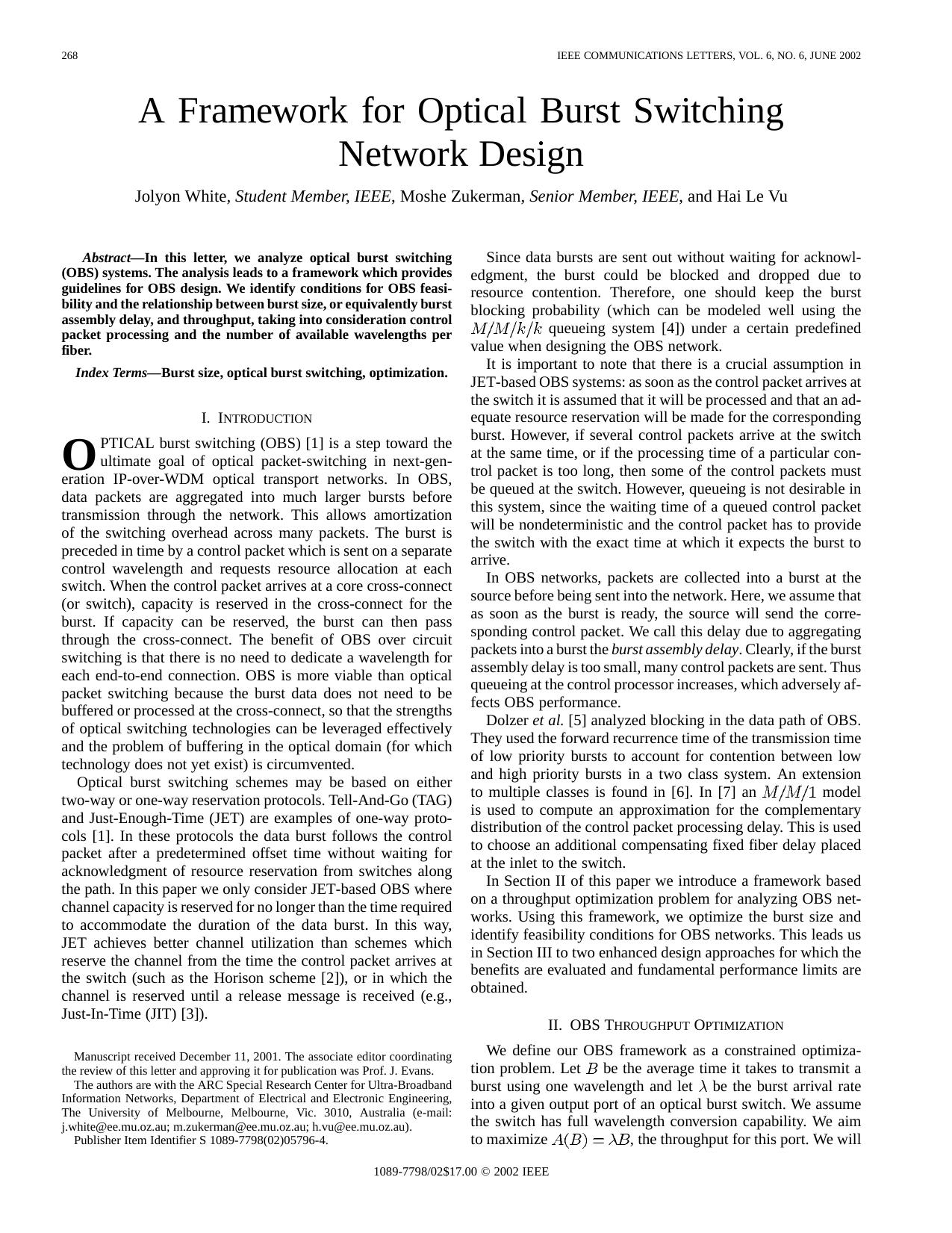 A framework for optical burst switching network design - IEEE Communications Letters by Unknown