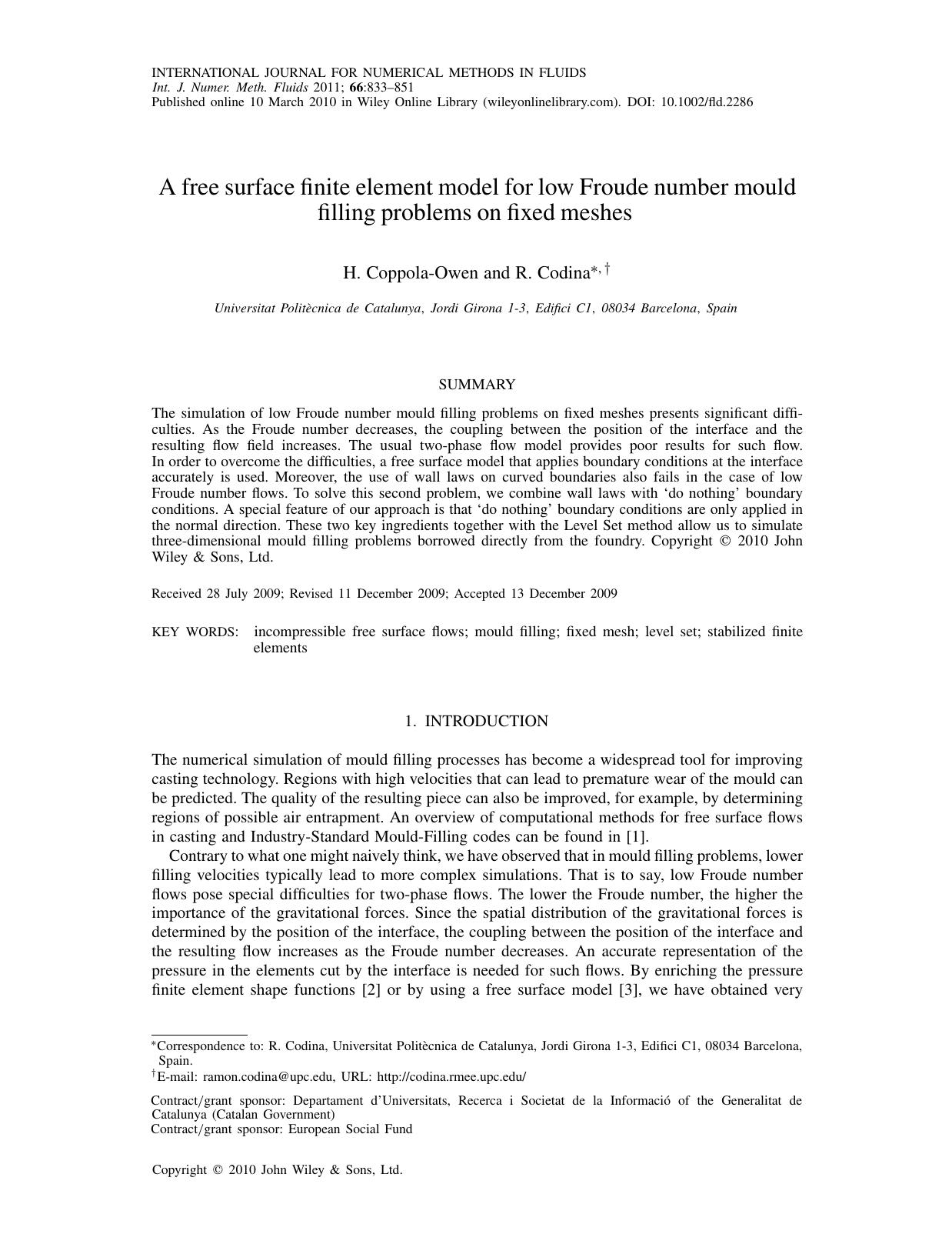A free surface finite element model for low Froude number mould filling problems on fixed meshes by Unknown