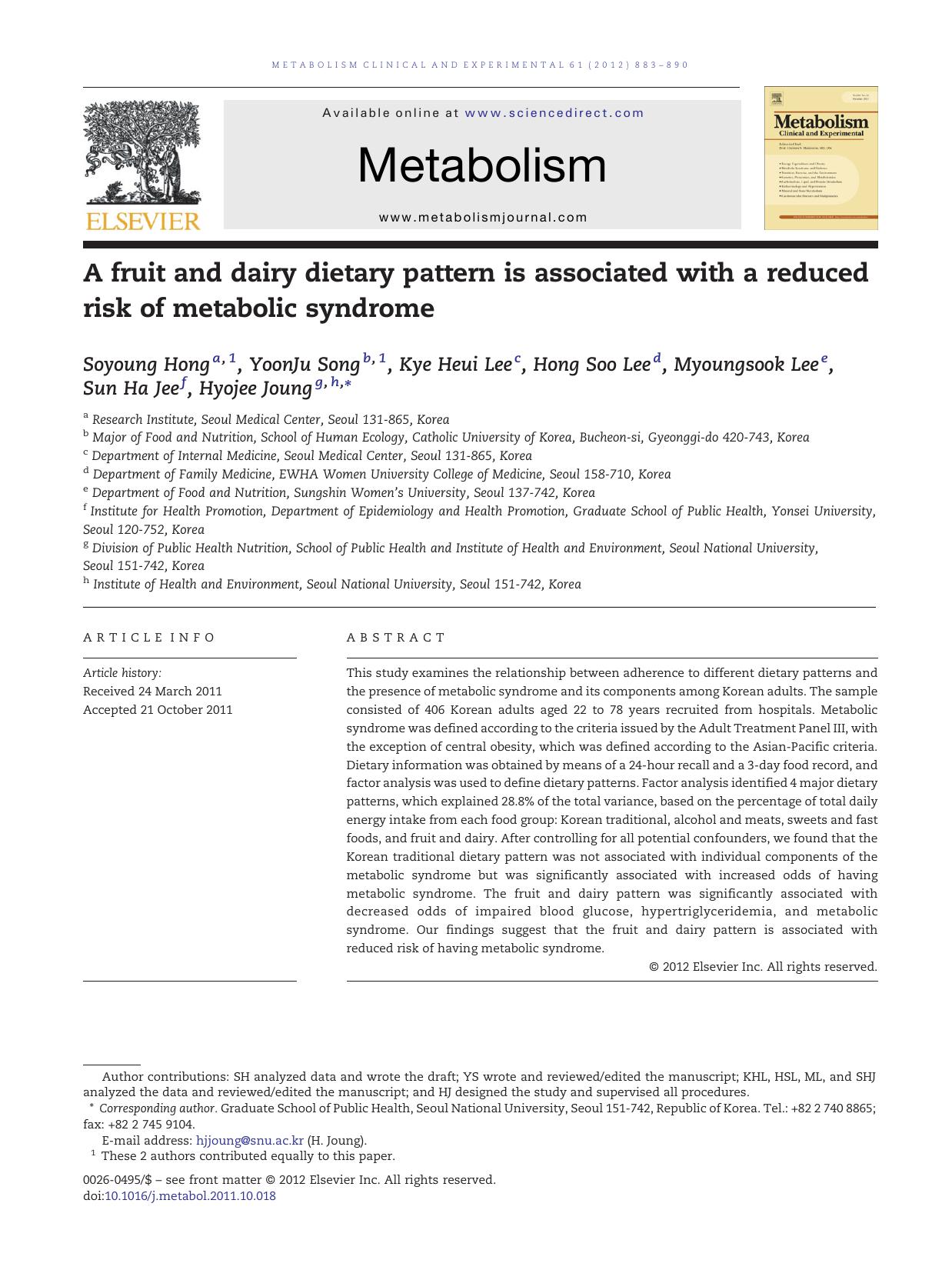 A fruit and dairy dietary pattern is associated with a reduced risk of metabolic syndrome by Soyoung Hong