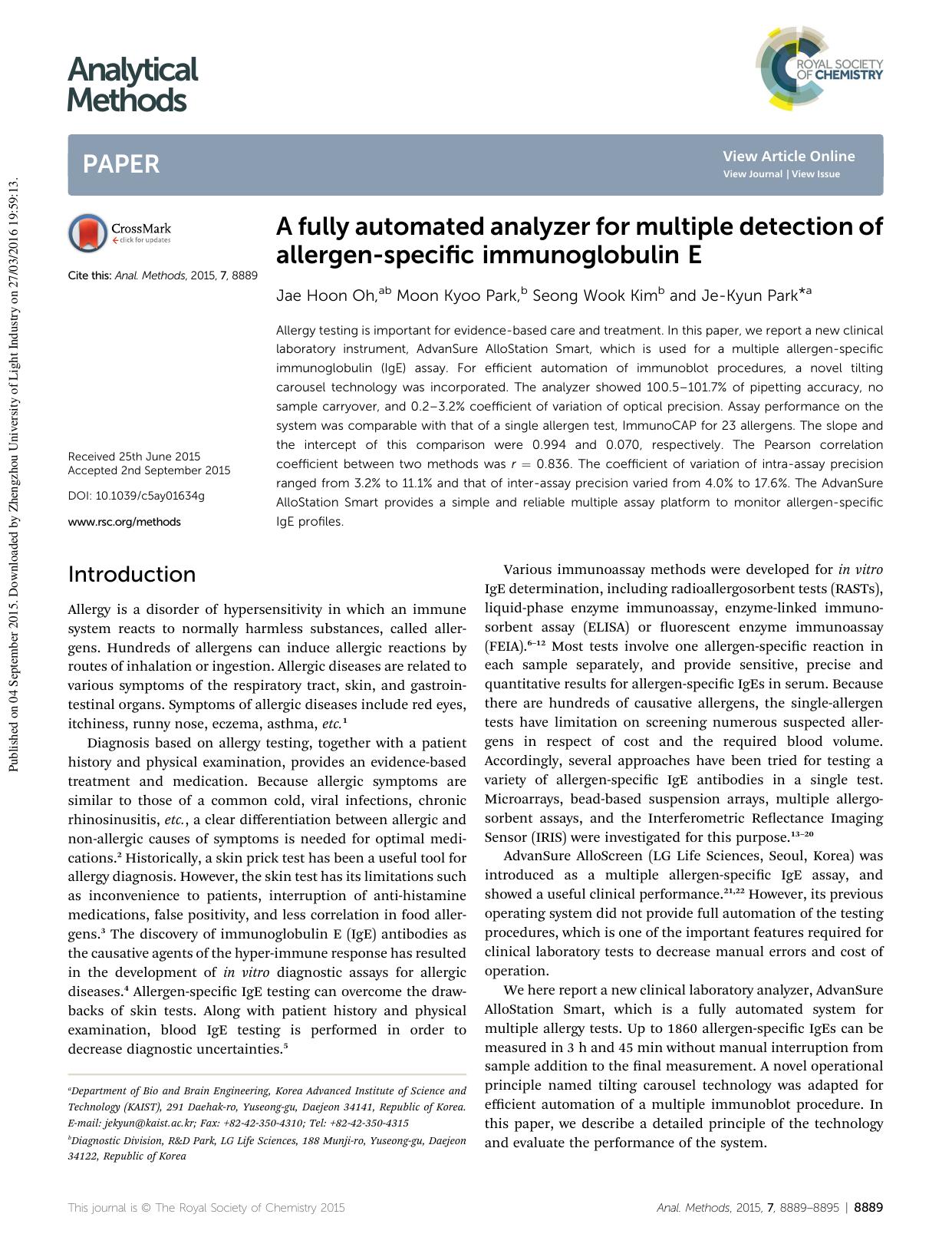 A fully automated analyzer for multiple detection of allergen-specific immunoglobulin E by Jae Hoon Oh & Moon Kyoo Park & Seong Wook Kim & Je-Kyun Park