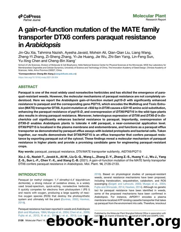 A gain-of-function mutation of the MATE family transporter DTX6 confers paraquat resistance in&nbsp;Arabidopsis by unknow