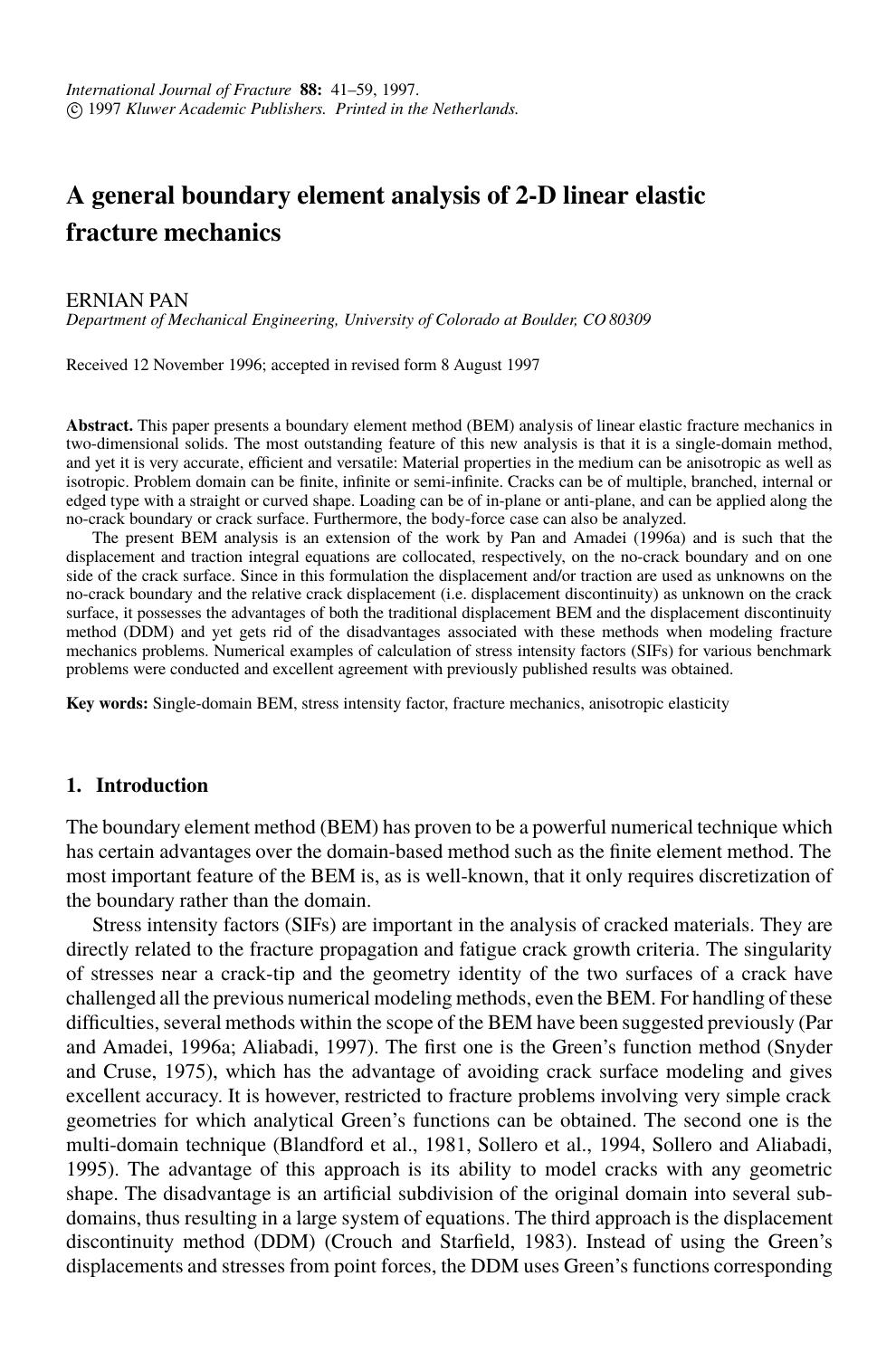 A general Boundary Element Analysis of 2-D Linear Elastic Fracture Mechanics by Unknown