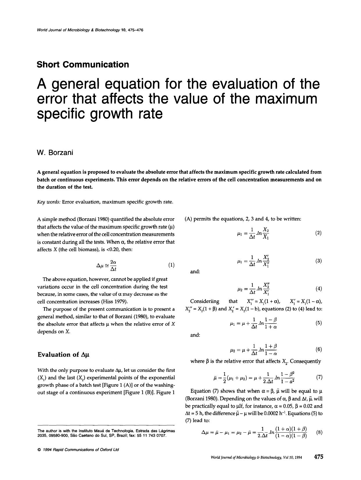 A general equation for the evaluation of the error that affects the value of the maximum specific growth rate by Unknown