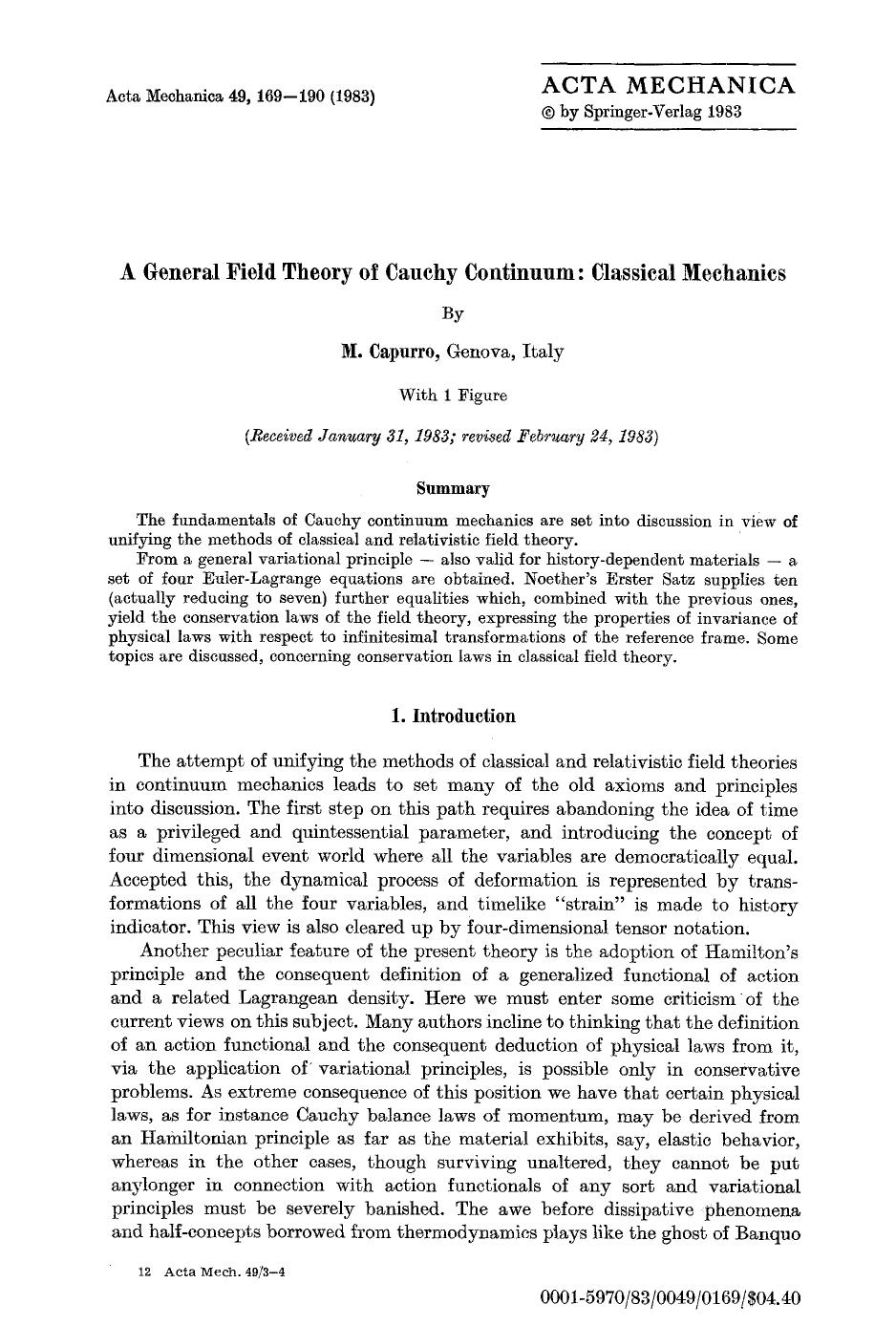 A general field theory of cauchy continuum: Classical mechanics by Unknown