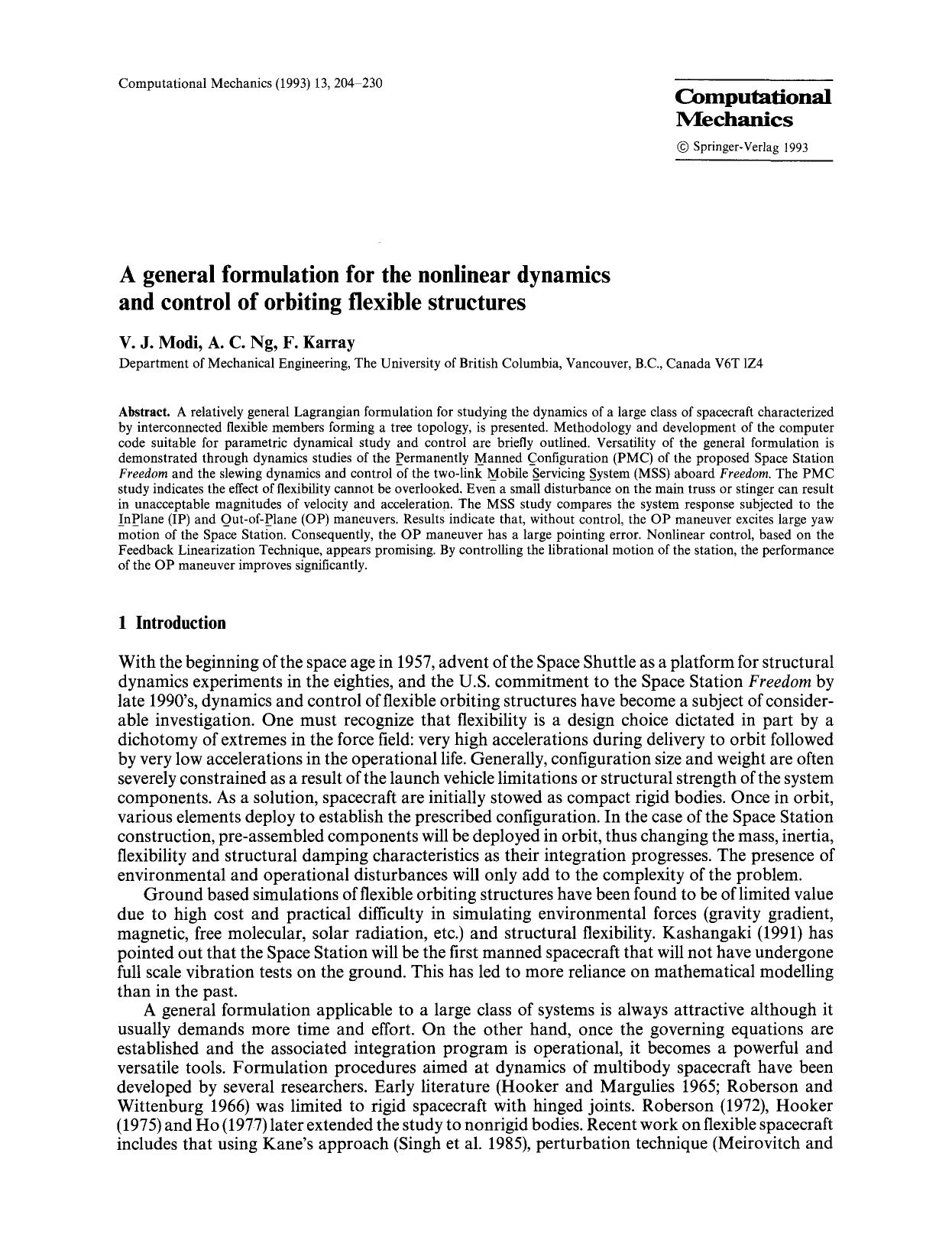 A general formulation for the nonlinear dynamics and control of orbiting flexible structures by Unknown