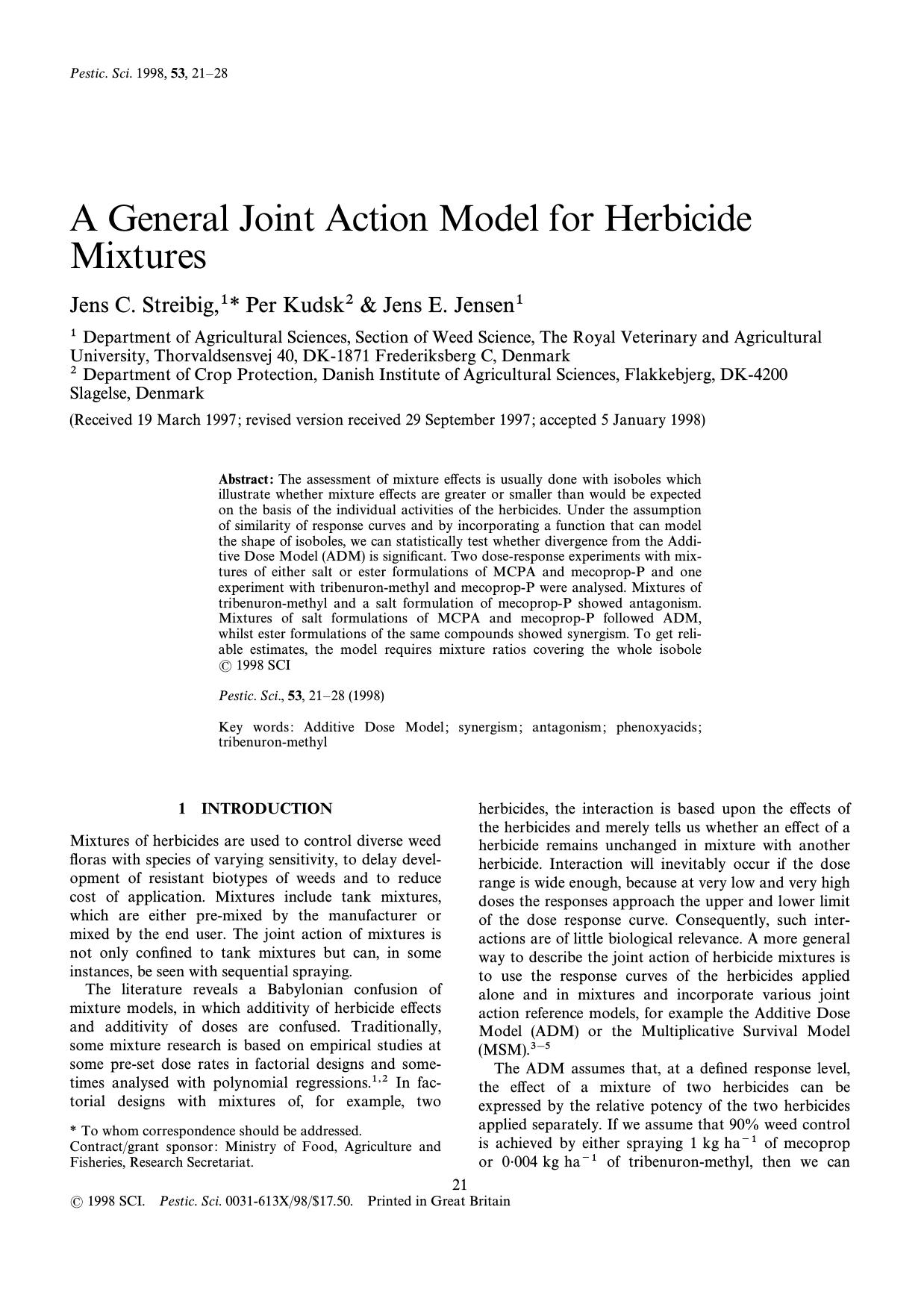 A general joint action model for herbicide mixtures by Streibig Kudsk Jensen