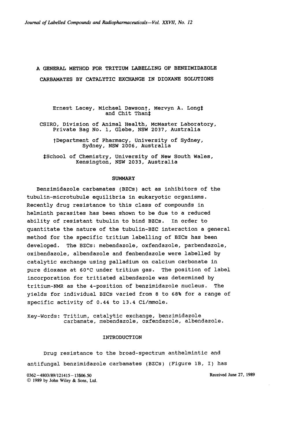 A general method for tritium labelling of benzimidazole carbamates by catalytic exchange in dioxane solutions by Unknown